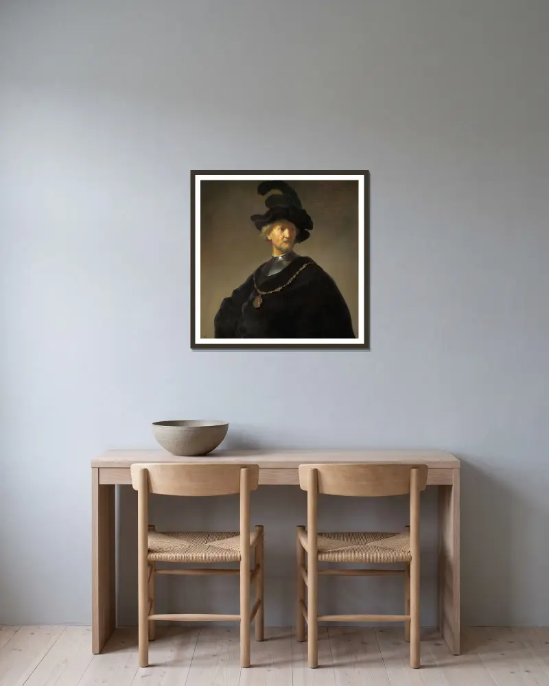 Bildnis eines alten Mannes mit goldener Kette von Rembrandt van Rijn gerahmt an einer Wand