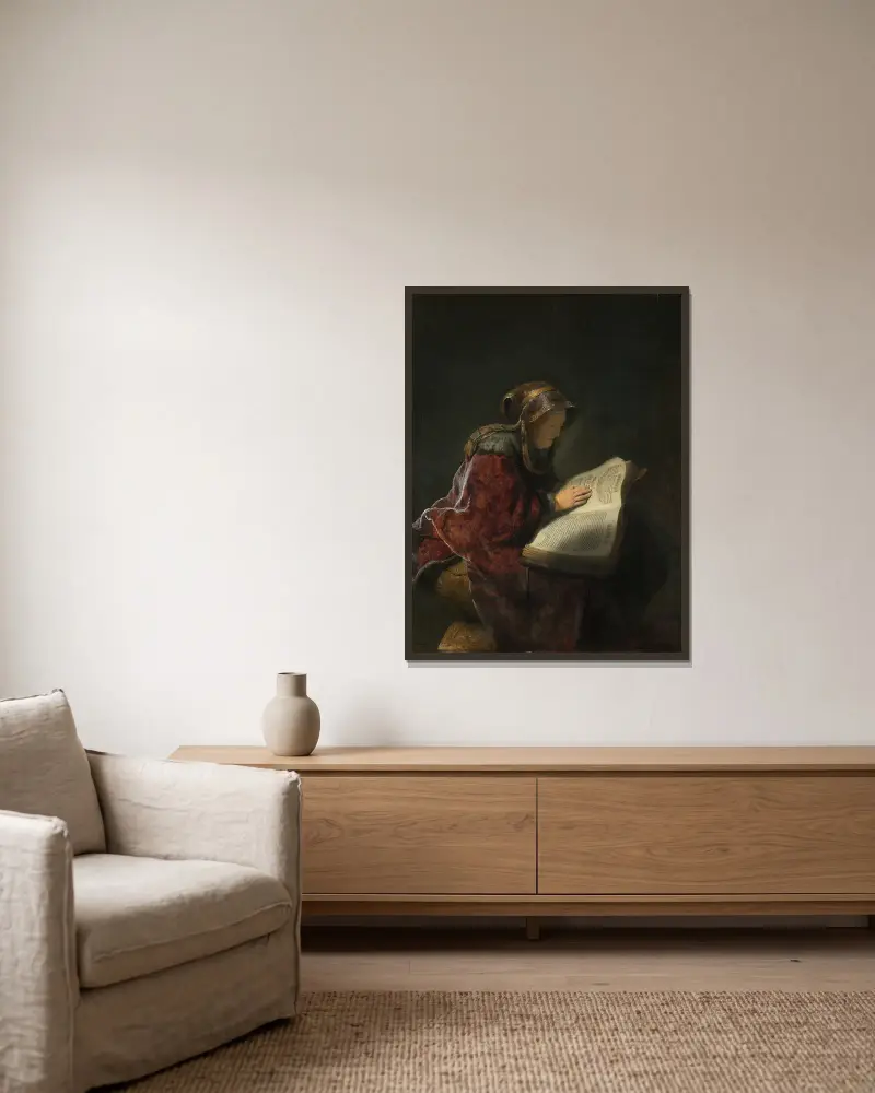 Alte Frau beim Lesen von Rembrandt van Rijn gerahmt an einer Wand