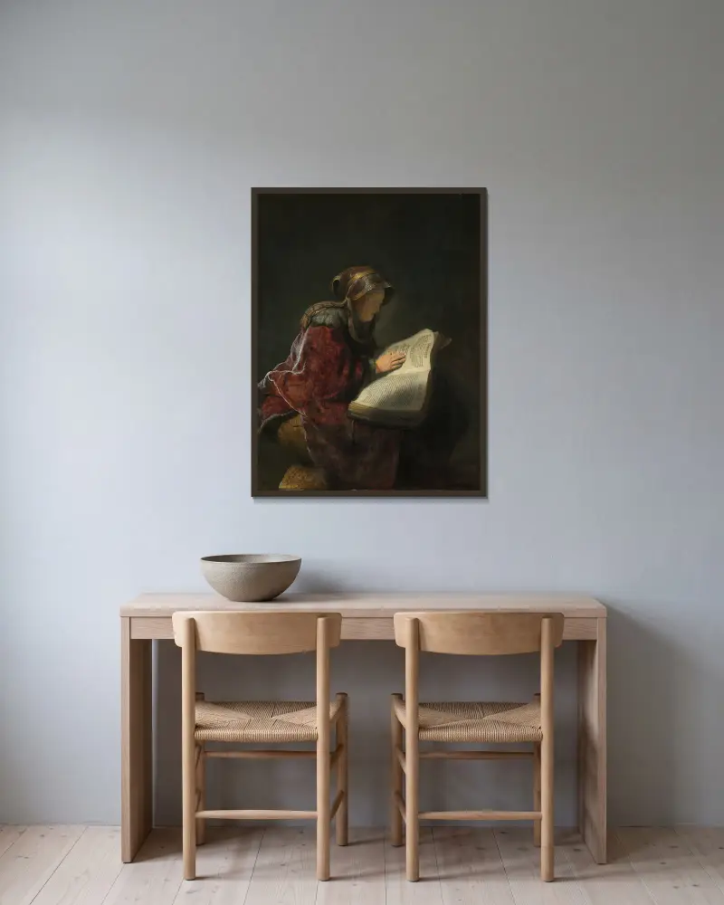 Alte Frau beim Lesen von Rembrandt van Rijn gerahmt an einer Wand