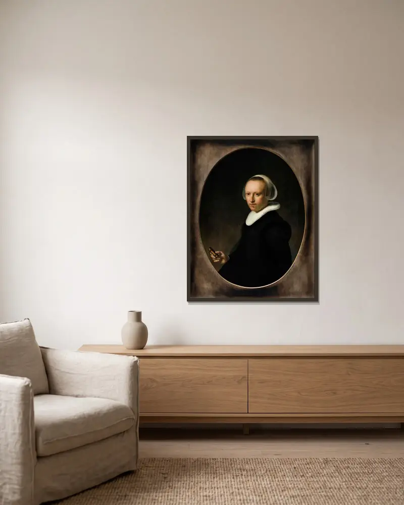 Porträtt av en 39-årig kvinna av Rembrandt van Rijn inramad på en vägg