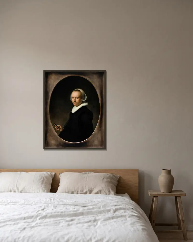 Porträtt av en 39-årig kvinna av Rembrandt van Rijn inramad på en vägg