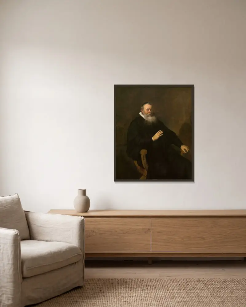 Portrait of a Clergyman av Rembrandt van Rijn inramad på en vägg