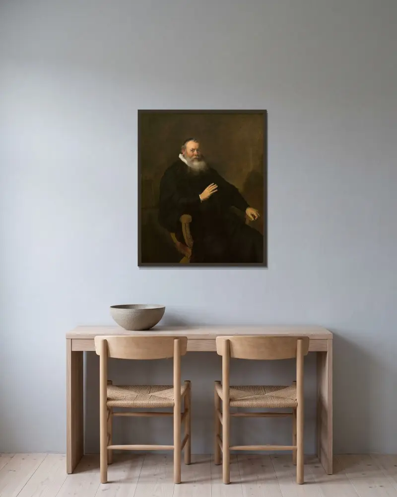 Portrait of a Clergyman av Rembrandt van Rijn inramad på en vägg