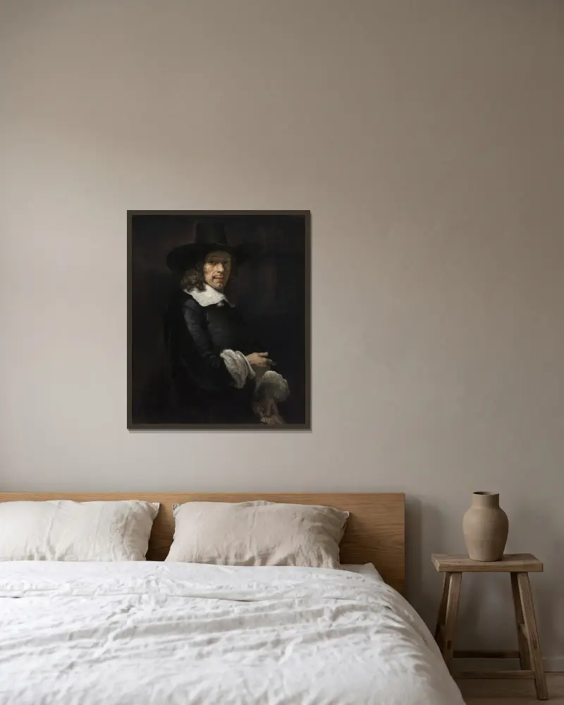 Portrait of a Gentleman with a Tall Hat and Gloves av Rembrandt van Rijn inramad på en vägg