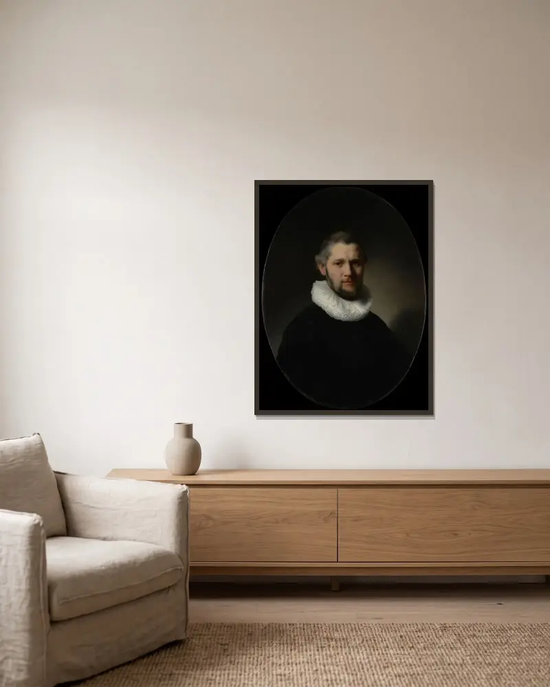 Portrait of a Man, 1632 – nr 2 av Rembrandt van Rijn inramad på en vägg