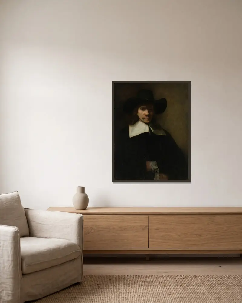 Portrait of a Man, 1655 av Rembrandt van Rijn inramad på en vägg