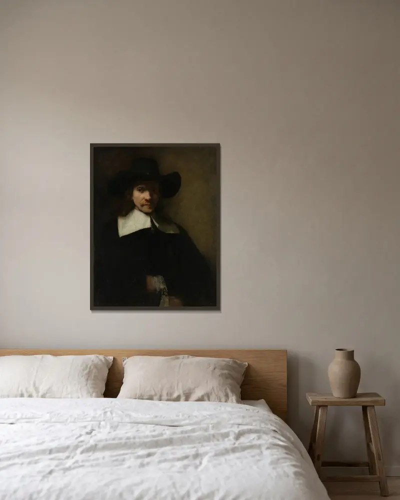Portrait of a Man, 1655 av Rembrandt van Rijn inramad på en vägg