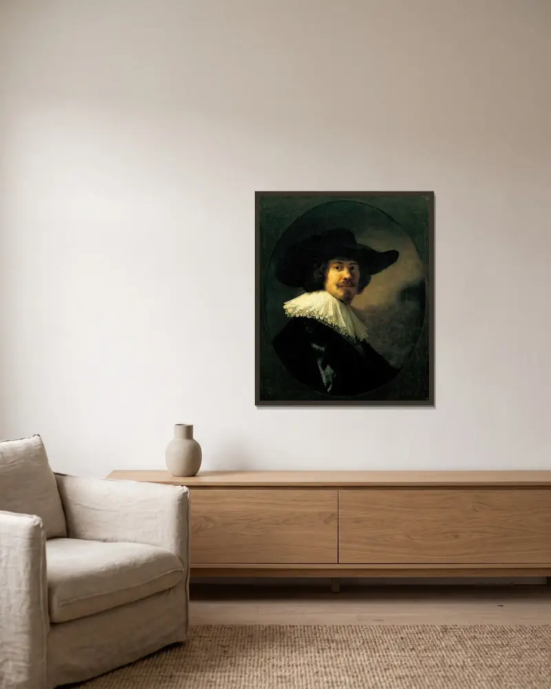 Portrait of a Man in a Broad-Brimmed Hat av Rembrandt van Rijn inramad på en vägg