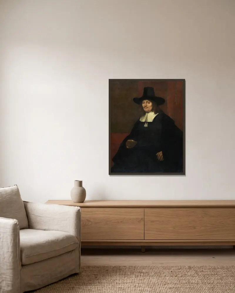 Portrait of a Man in a Tall Hat av Rembrandt van Rijn inramad på en vägg
