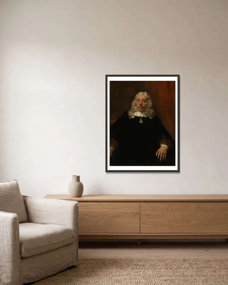 Portrait of a white-haired man av Rembrandt van Rijn inramad på en vägg
