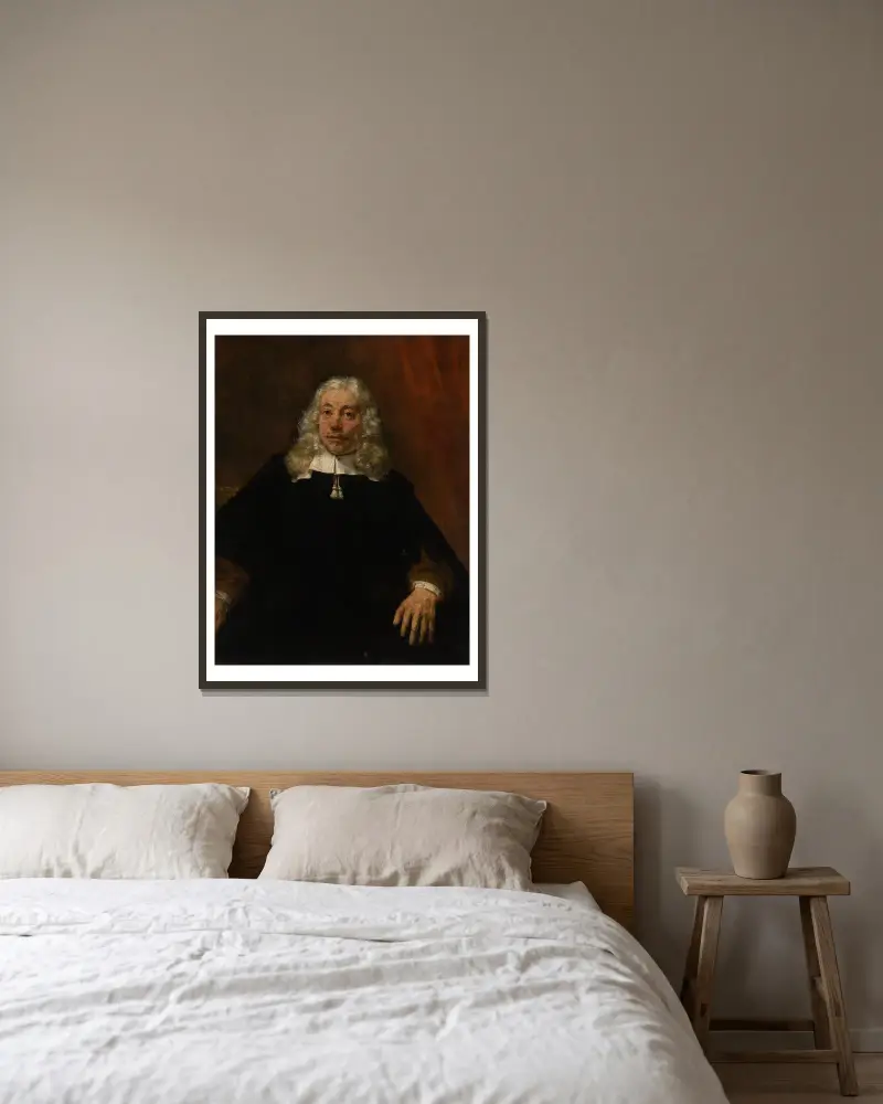 Portrait of a white-haired man av Rembrandt van Rijn inramad på en vägg