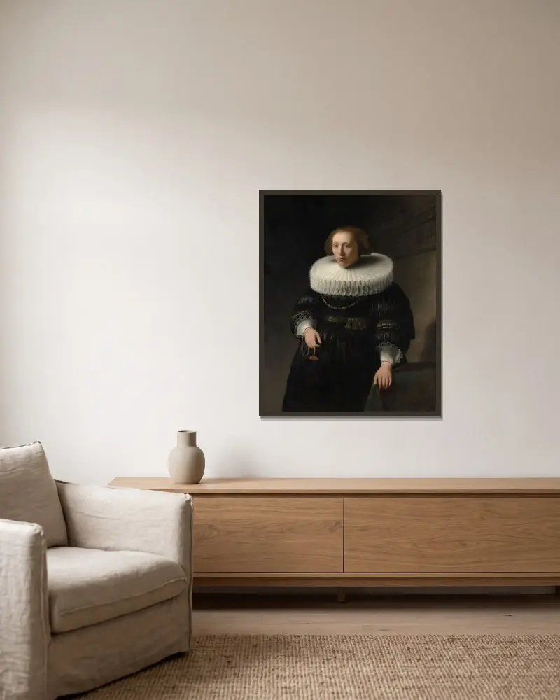Portrait of a Woman, 1632 av Rembrandt van Rijn inramad på en vägg