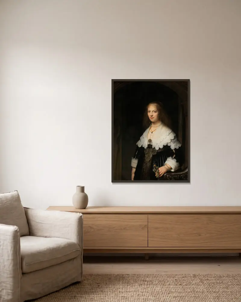 Porträtt av en kvinna, möjligen Maria Trip av Rembrandt van Rijn inramad på en vägg