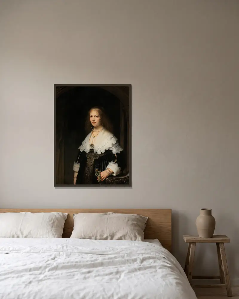 Porträtt av en kvinna, möjligen Maria Trip av Rembrandt van Rijn inramad på en vägg