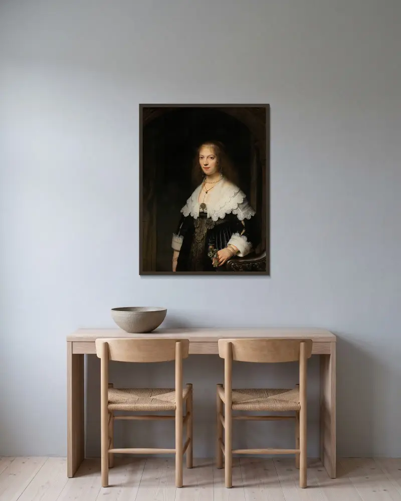 Porträtt av en kvinna, möjligen Maria Trip av Rembrandt van Rijn inramad på en vägg