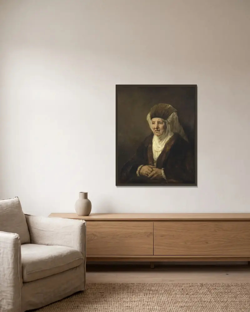 Portrait of an Old Woman av Rembrandt van Rijn inramad på en vägg