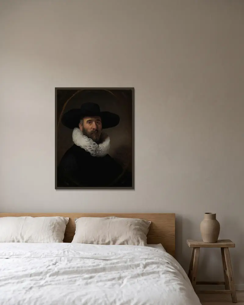 Portrait of Dirck Jansz. Pesser av Rembrandt van Rijn inramad på en vägg