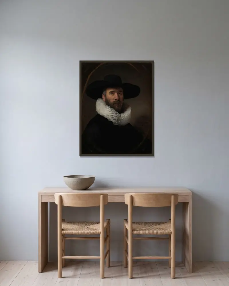 Portrait of Dirck Jansz. Pesser av Rembrandt van Rijn inramad på en vägg