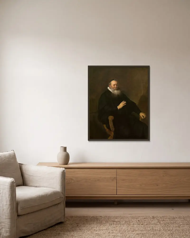 Porträtt av Eleazar Swalmius av Rembrandt van Rijn inramad på en vägg