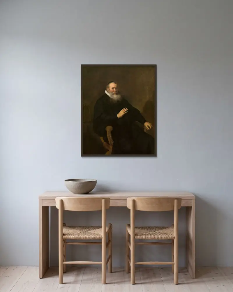 Porträtt av Eleazar Swalmius av Rembrandt van Rijn inramad på en vägg