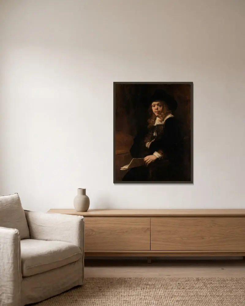 Portrait of Gerard de Lairesse av Rembrandt van Rijn inramad på en vägg