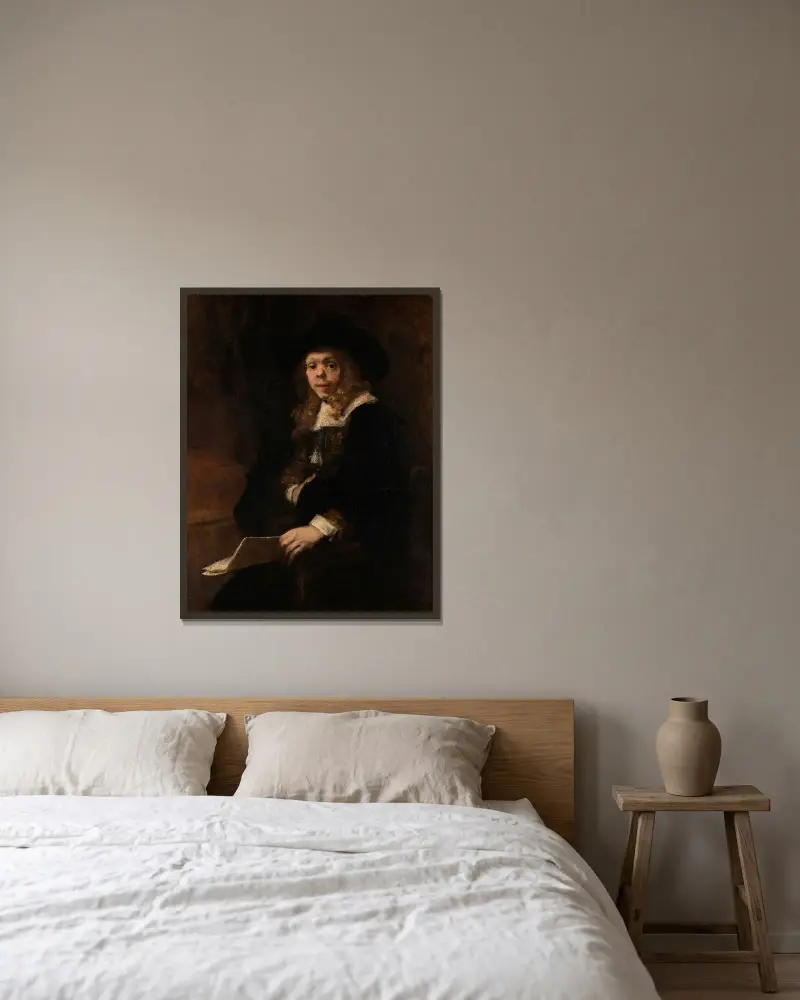 Portrait of Gerard de Lairesse av Rembrandt van Rijn inramad på en vägg