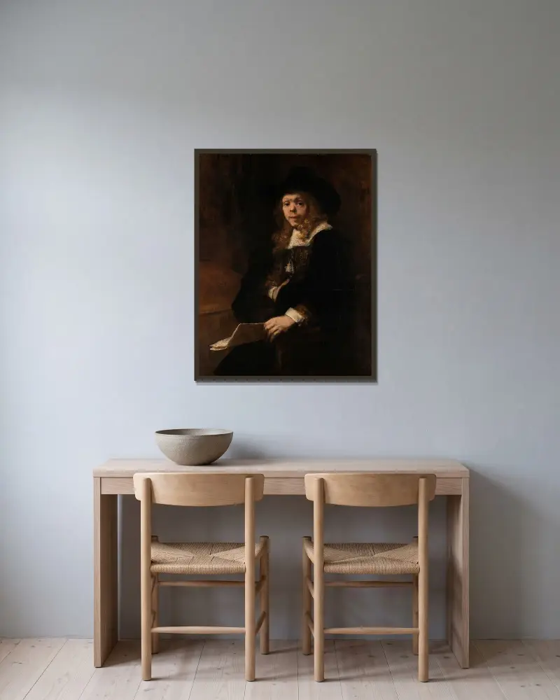 Portrait of Gerard de Lairesse av Rembrandt van Rijn inramad på en vägg