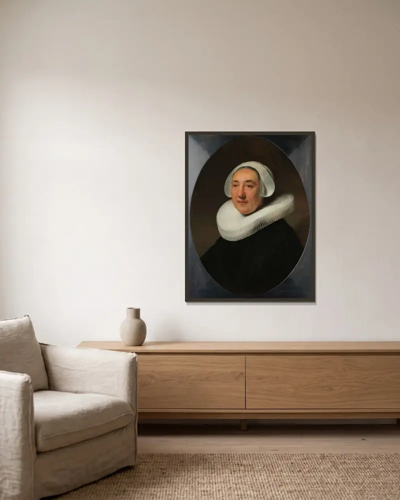 Portrait of Haesje Jacobsdr van Cleyburg av Rembrandt van Rijn inramad på en vägg