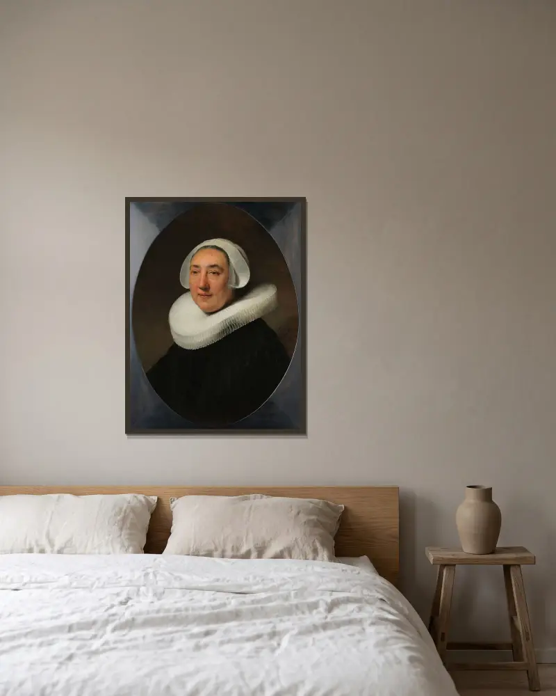 Portrait of Haesje Jacobsdr van Cleyburg av Rembrandt van Rijn inramad på en vägg