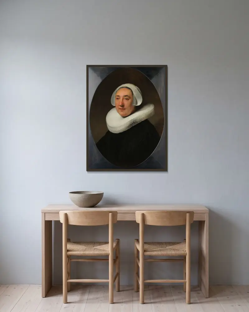 Portrait of Haesje Jacobsdr van Cleyburg av Rembrandt van Rijn inramad på en vägg