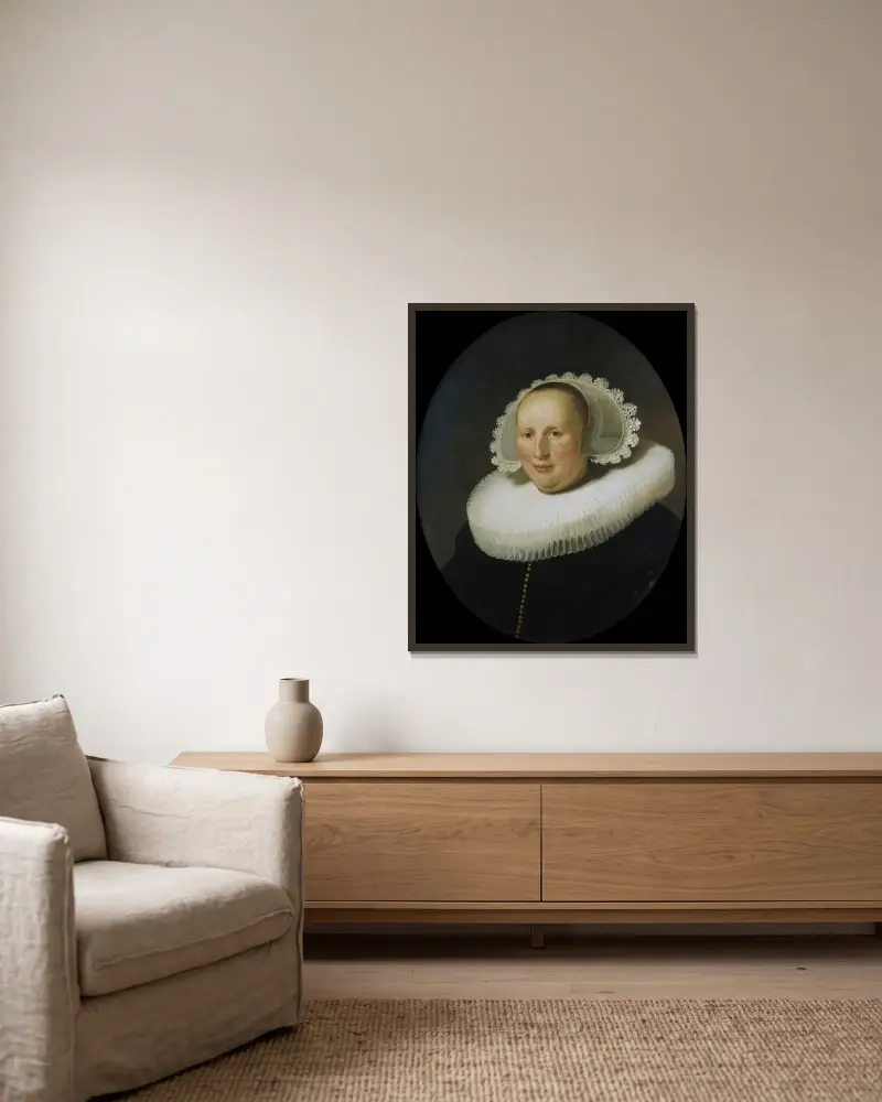 Portrait of Maertgen van Bilderbeecq av Rembrandt van Rijn inramad på en vägg