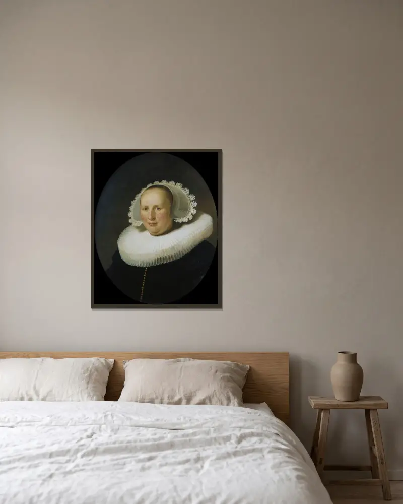 Portrait of Maertgen van Bilderbeecq av Rembrandt van Rijn inramad på en vägg