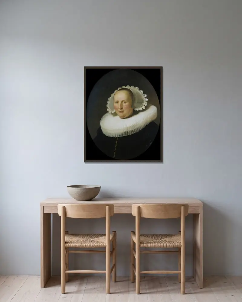 Portrait of Maertgen van Bilderbeecq av Rembrandt van Rijn inramad på en vägg