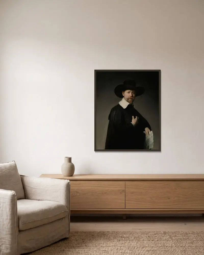 Portrait of Marten Looten av Rembrandt van Rijn inramad på en vägg