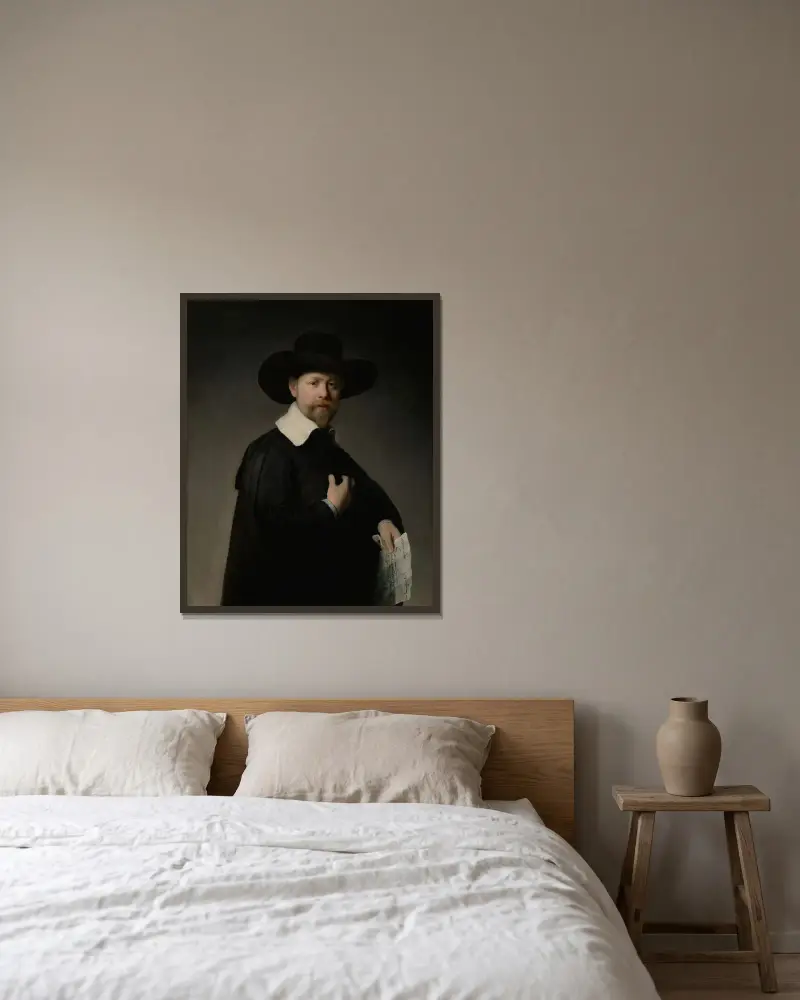 Portrait of Marten Looten av Rembrandt van Rijn inramad på en vägg