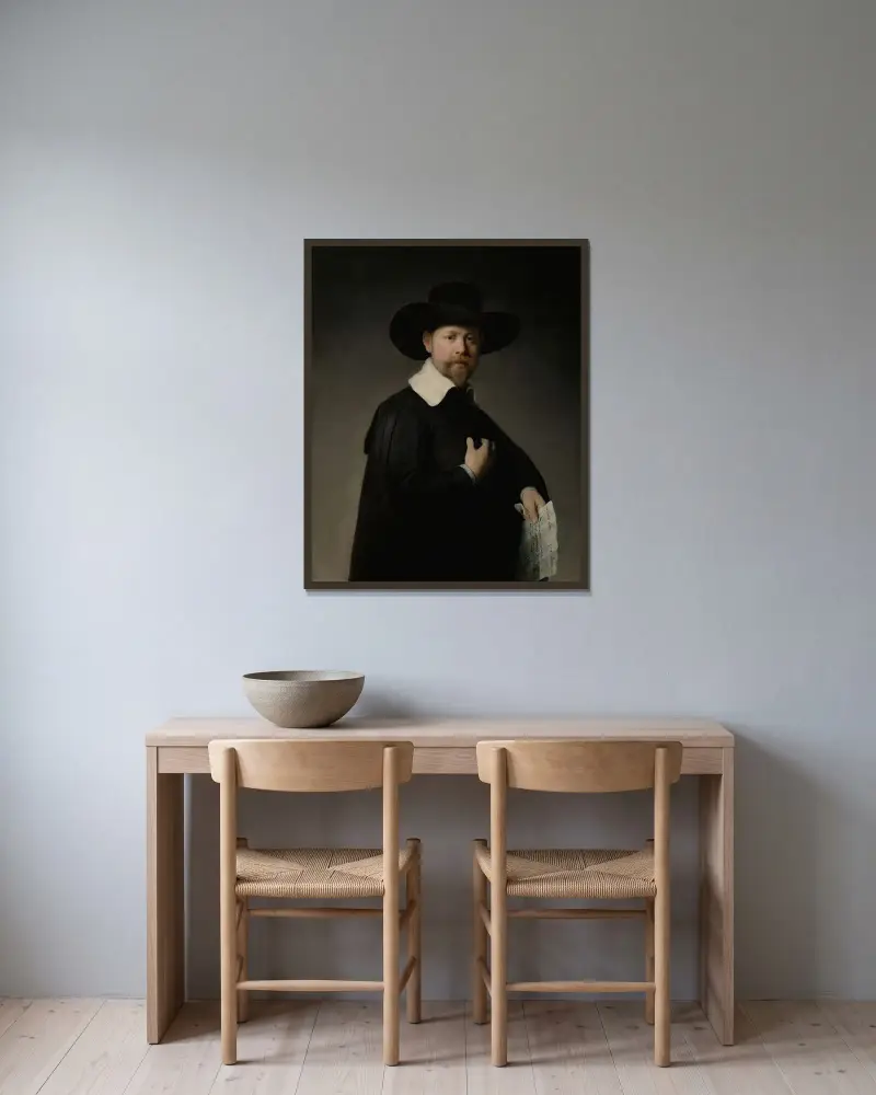Portrait of Marten Looten av Rembrandt van Rijn inramad på en vägg