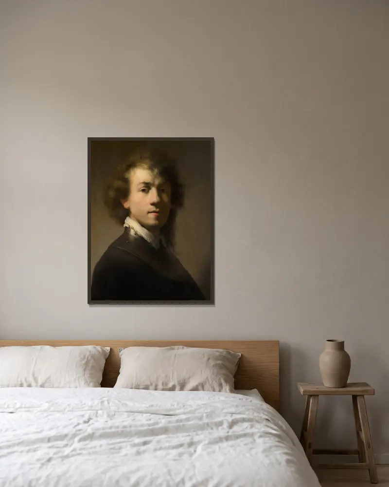 Portrait of Rembrandt with a Gorget av Rembrandt van Rijn inramad på en vägg