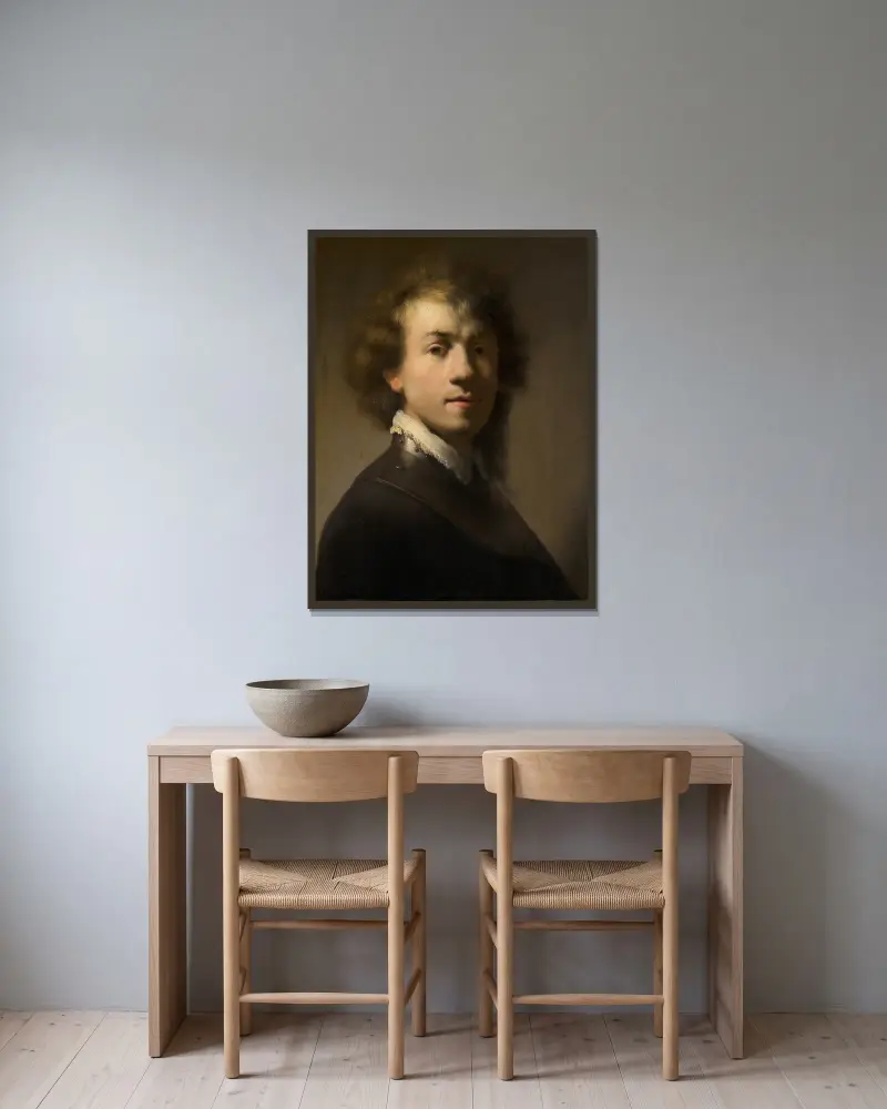 Portrait of Rembrandt with a Gorget av Rembrandt van Rijn inramad på en vägg