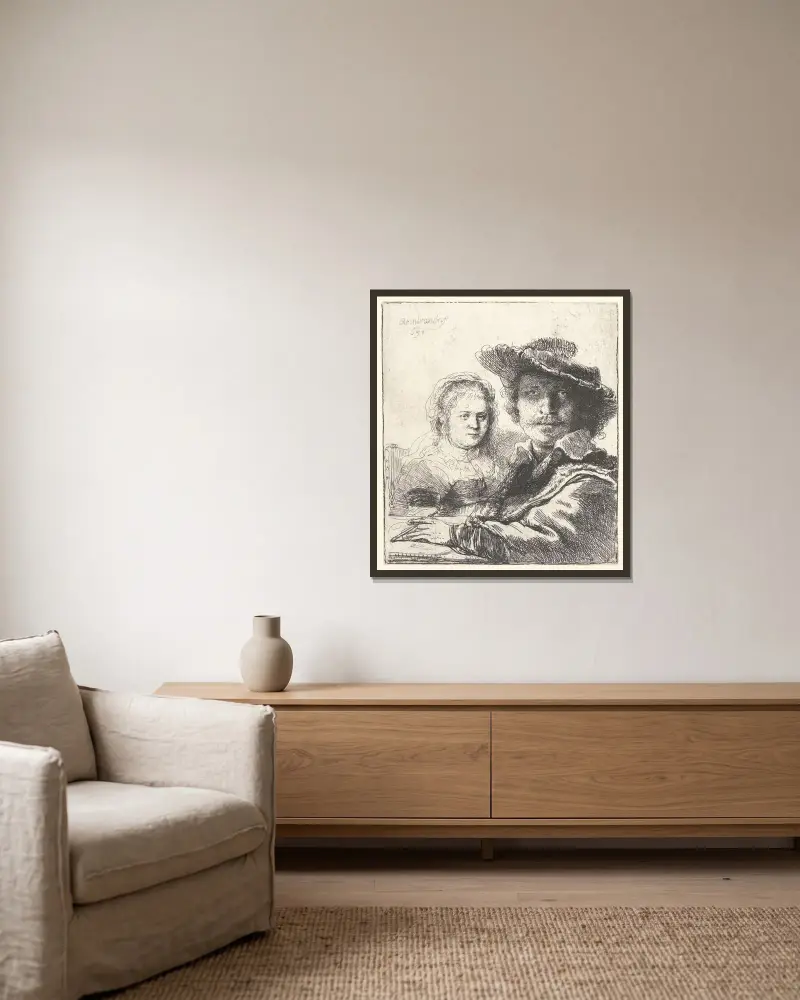 Rembrandt und seine Frau Saskia von Rembrandt van Rijn gerahmt an einer Wand