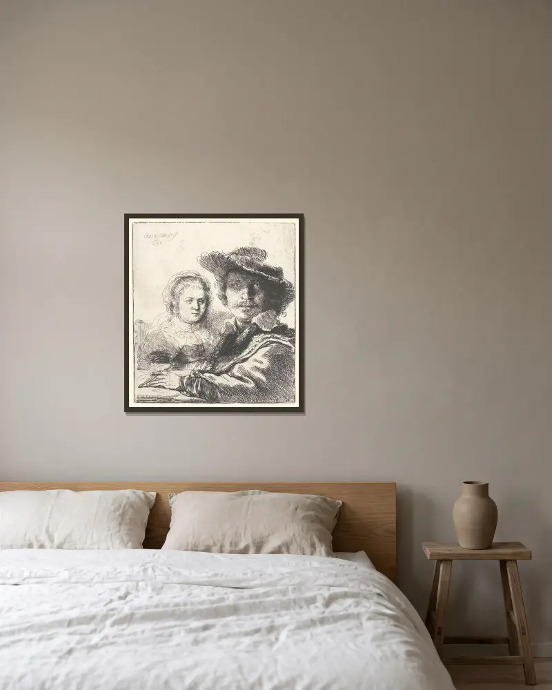 Rembrandt und seine Frau Saskia von Rembrandt van Rijn gerahmt an einer Wand