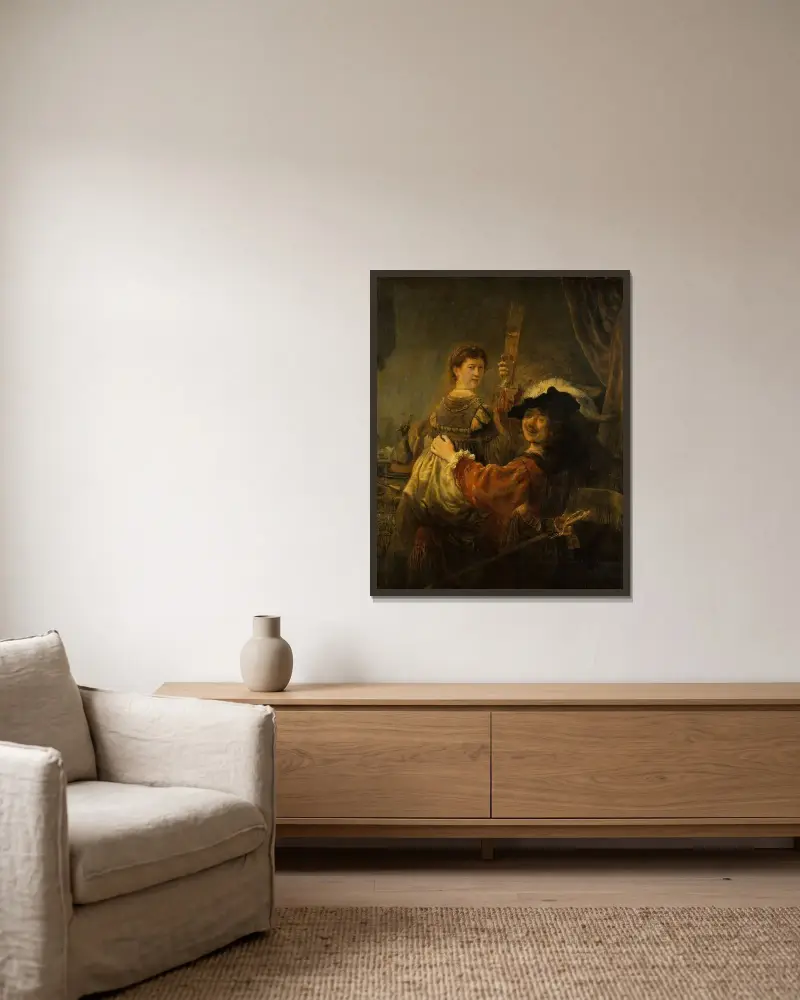 Rembrandt och Saskia i scenen med den förlorade sonen av Rembrandt van Rijn inramad på en vägg