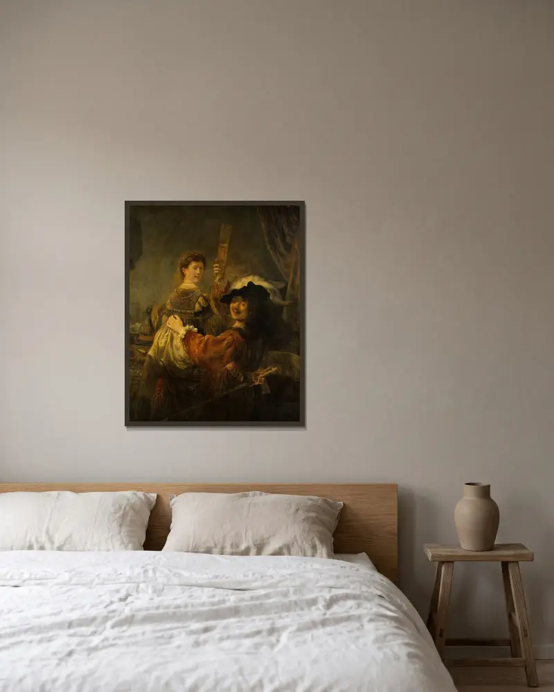 Rembrandt och Saskia i scenen med den förlorade sonen av Rembrandt van Rijn inramad på en vägg