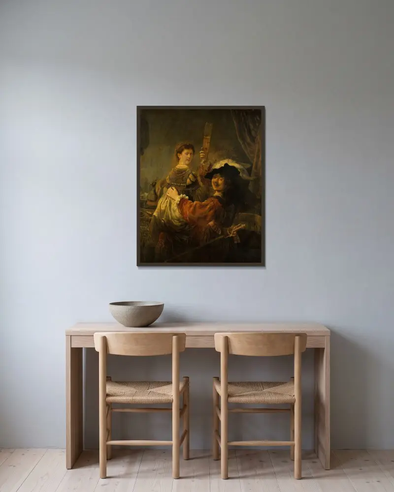 Rembrandt och Saskia i scenen med den förlorade sonen av Rembrandt van Rijn inramad på en vägg