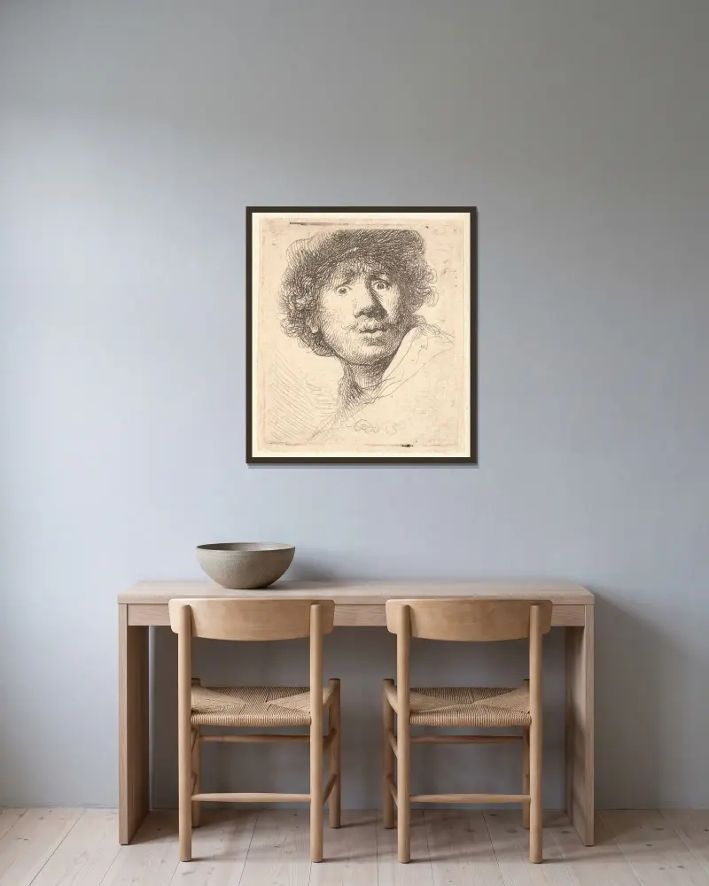 Rembrandt in a cap, open mouthed and staring; bust in outline av Rembrandt van Rijn inramad på en vägg