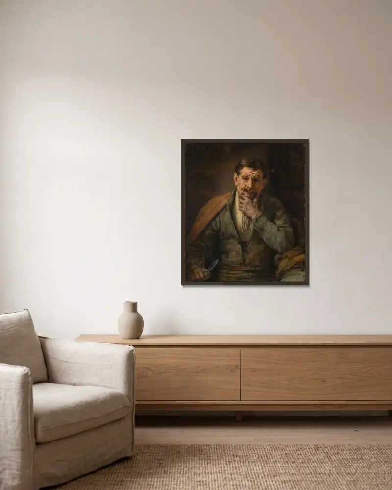 Der heilige Bartholomäus von Rembrandt van Rijn gerahmt an einer Wand
