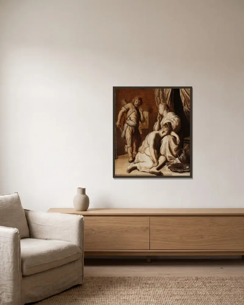 Simson und Delila von Rembrandt van Rijn gerahmt an einer Wand