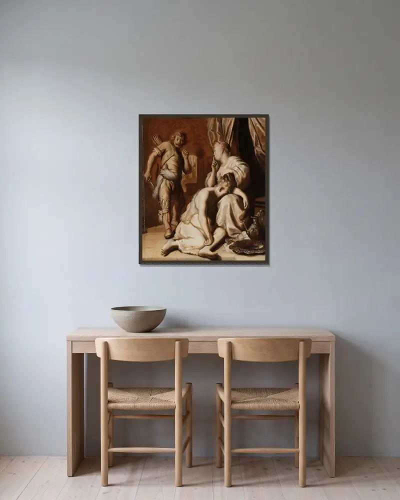 Simson und Delila von Rembrandt van Rijn gerahmt an einer Wand