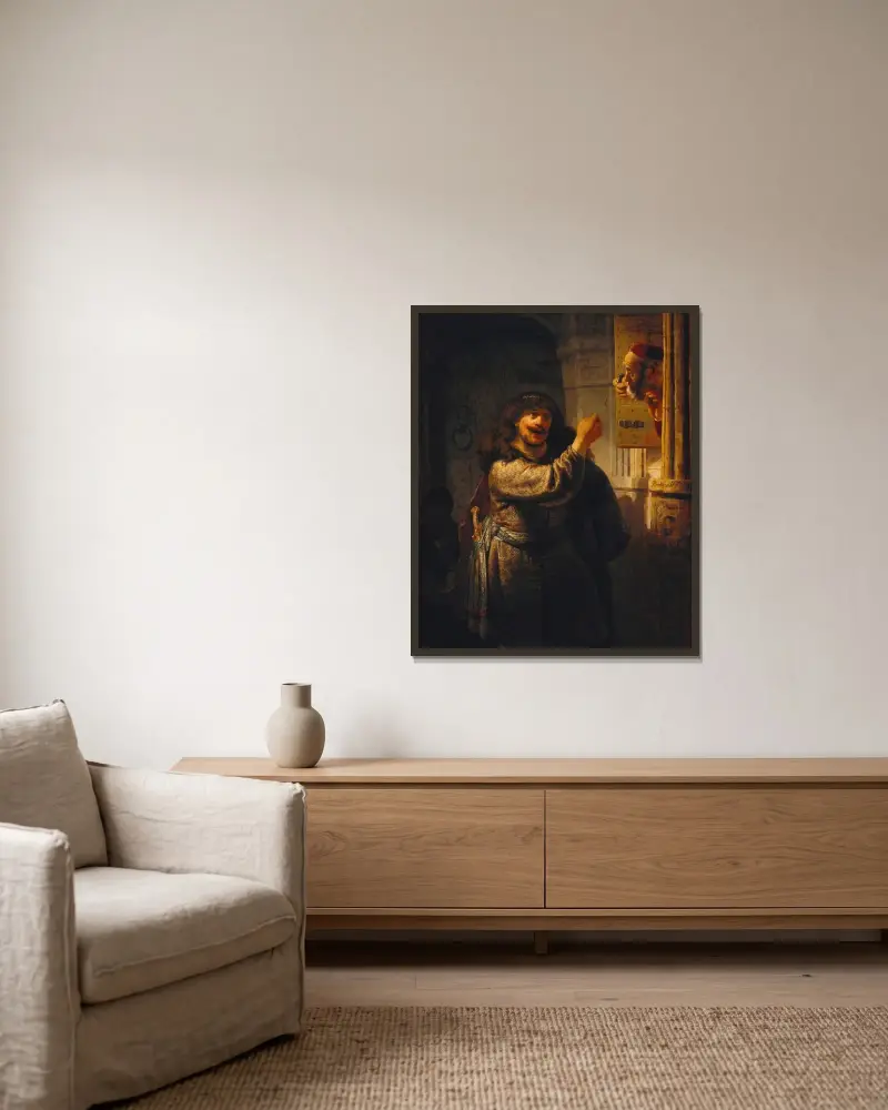 Samson Threatening His Father-in-Law av Rembrandt van Rijn inramad på en vägg