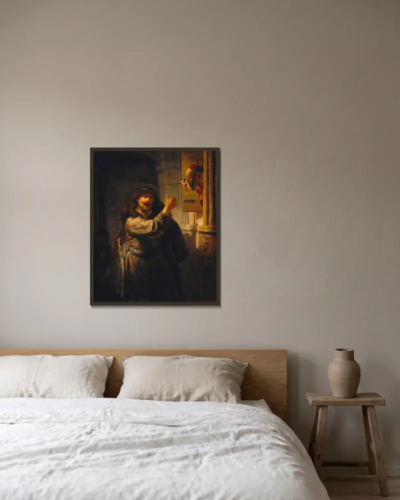 Samson Threatening His Father-in-Law av Rembrandt van Rijn inramad på en vägg