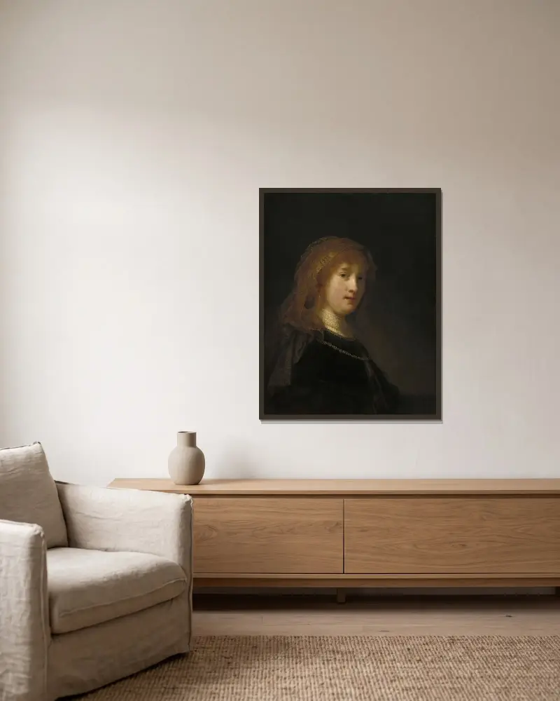 Saskia van Uylenburgh,the Wife of the Artist (probably begun 1634-1635 and completed 1638-1640) av Rembrandt van Rijn inramad på en vägg